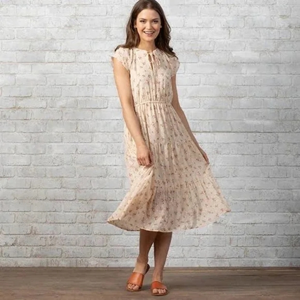 Tan and Cream Midi Sundress with Cap Flutter Sleeves